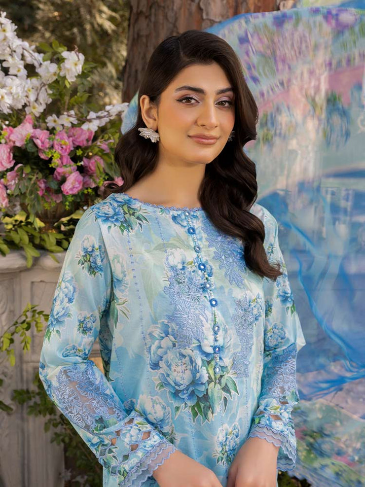NAMAL 3 Pieces Unstitched Digital Printed Lawn Suit featuring a digital printed lawn shirt with organza embroidery, dyed cambric cotton trousers, and a bamber chiffon dupatta with embroidered cut-work details.
