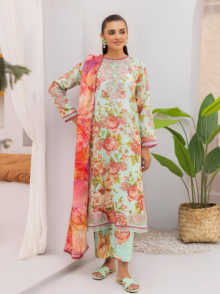 Discover the ZARIA Premium 3 Pieces Unstitched Lawn Suit, featuring digital printed lawn fabric with organza sequence embroidery. Perfect for festive occasions, this suit includes a shirt, trouser, and dupatta for a stylish and elegant look