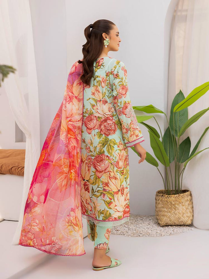 Discover the ZARIA Premium 3 Pieces Unstitched Lawn Suit, featuring digital printed lawn fabric with organza sequence embroidery. Perfect for festive occasions, this suit includes a shirt, trouser, and dupatta for a stylish and elegant look