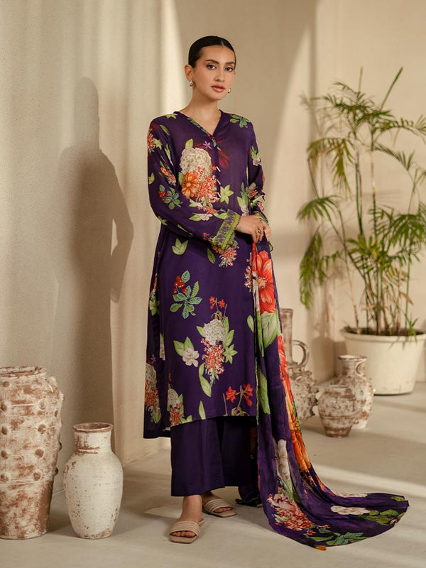 LEHRAIN 3 Pieces Unstitched Digital Printed Lawn Suit featuring a vibrant digital printed lawn shirt with organza embroidered lace sleeves, dyed cambric cotton trousers, and a matching pure lawn dupatta.