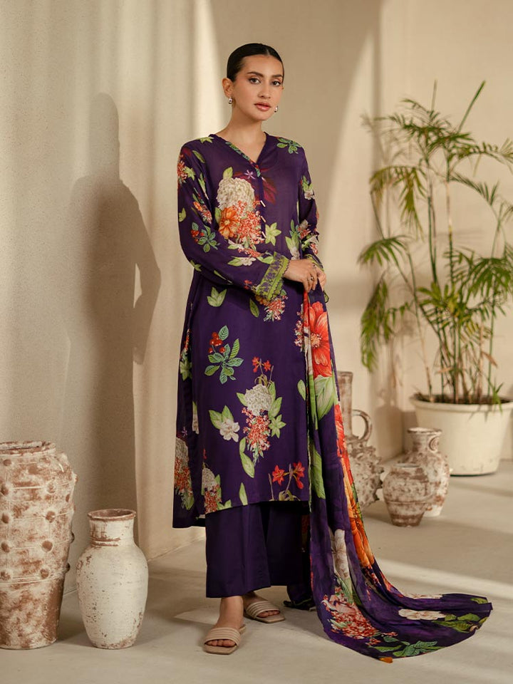LEHRAIN 3 Pieces Unstitched Digital Printed Lawn Suit featuring a vibrant digital printed lawn shirt with organza embroidered lace sleeves, dyed cambric cotton trousers, and a matching pure lawn dupatta.
