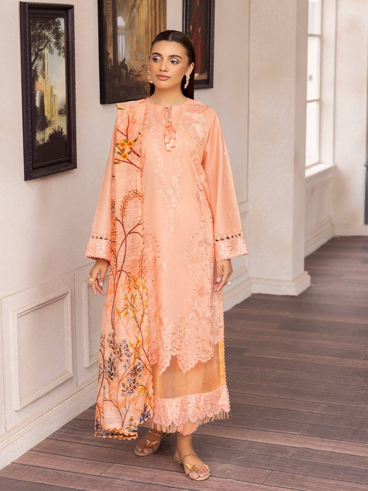 SAKURA 3 Pieces Unstitched Lawn Suit featuring an embroidered dyed luxury lawn shirt, dyed cambric cotton trousers, and a digital printed fancy lawn dupatta