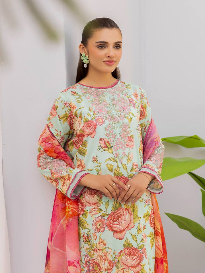 Discover the ZARIA Premium 3 Pieces Unstitched Lawn Suit, featuring digital printed lawn fabric with organza sequence embroidery. Perfect for festive occasions, this suit includes a shirt, trouser, and dupatta for a stylish and elegant look