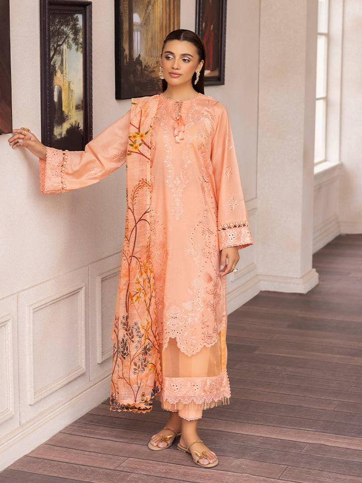 SAKURA 3 Pieces Unstitched Lawn Suit featuring an embroidered dyed luxury lawn shirt, dyed cambric cotton trousers, and a digital printed fancy lawn dupatta