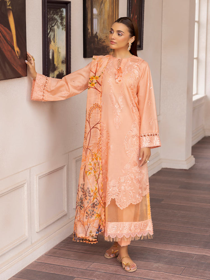 SAKURA 3 Pieces Unstitched Lawn Suit featuring an embroidered dyed luxury lawn shirt, dyed cambric cotton trousers, and a digital printed fancy lawn dupatta