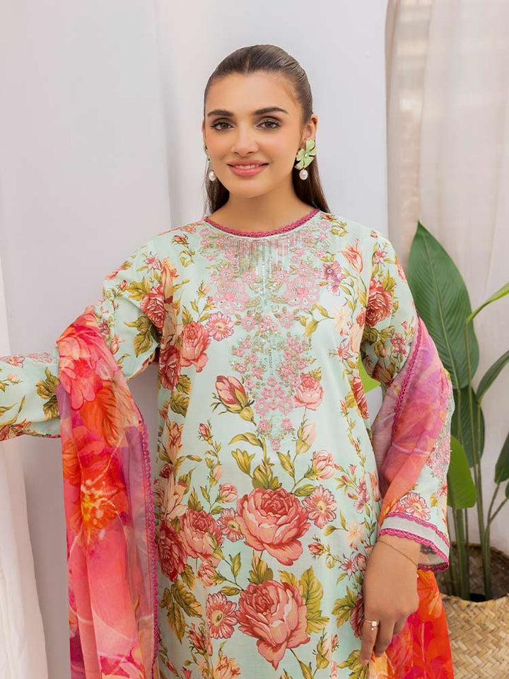Discover the ZARIA Premium 3 Pieces Unstitched Lawn Suit, featuring digital printed lawn fabric with organza sequence embroidery. Perfect for festive occasions, this suit includes a shirt, trouser, and dupatta for a stylish and elegant look
