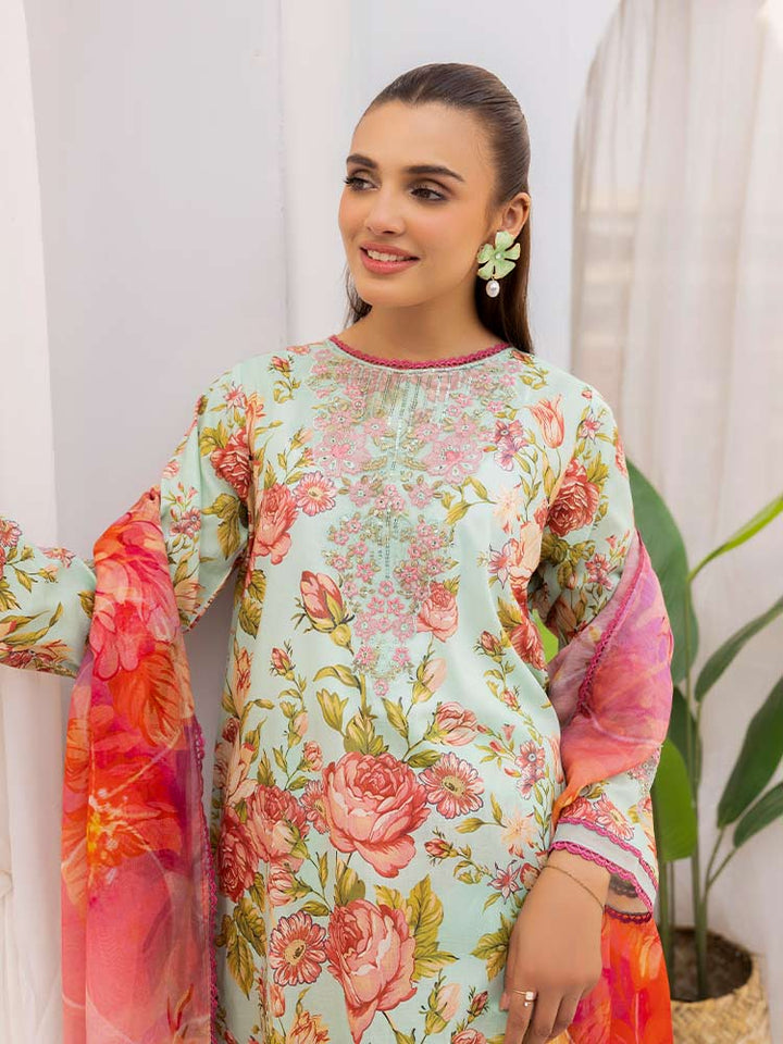 Discover the ZARIA Premium 3 Pieces Unstitched Lawn Suit, featuring digital printed lawn fabric with organza sequence embroidery. Perfect for festive occasions, this suit includes a shirt, trouser, and dupatta for a stylish and elegant look