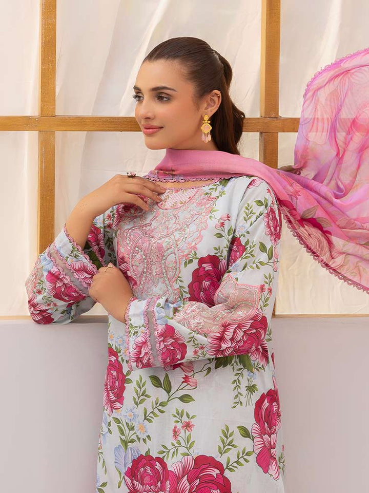 Discover the ZARIA Premium 3 Pieces Unstitched Lawn Suit, featuring digital printed lawn fabric with organza sequence embroidery. Perfect for festive occasions, this suit includes a shirt, trouser, and dupatta for a stylish and elegant look