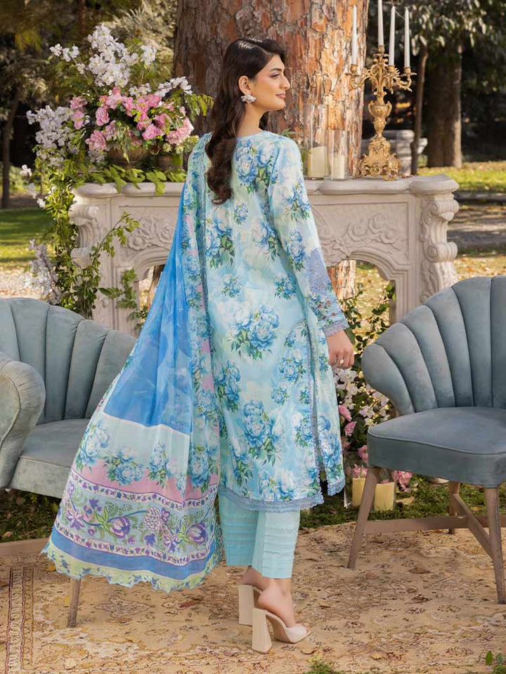 NAMAL 3 Pieces Unstitched Digital Printed Lawn Suit featuring a digital printed lawn shirt with organza embroidery, dyed cambric cotton trousers, and a bamber chiffon dupatta with embroidered cut-work details.