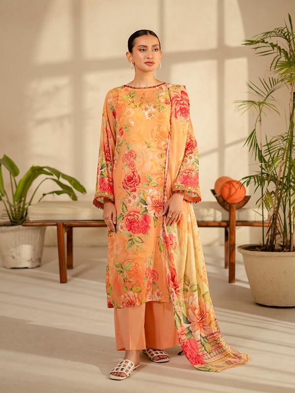 LEHRAIN 3 Pieces Unstitched Digital Printed Lawn Suit featuring a vibrant digital printed lawn shirt with organza embroidered lace sleeves, dyed cambric cotton trousers, and a matching pure lawn dupatta.