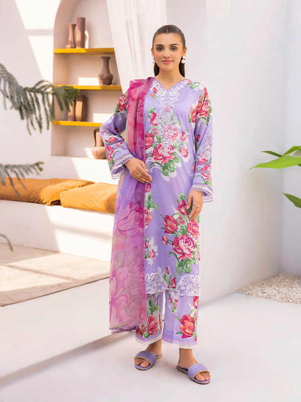 Discover the ZARIA Premium 3 Pieces Unstitched Lawn Suit, featuring digital printed lawn fabric with organza sequence embroidery. Perfect for festive occasions, this suit includes a shirt, trouser, and dupatta for a stylish and elegant look