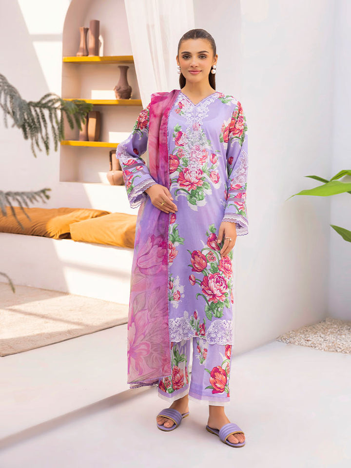 Discover the ZARIA Premium 3 Pieces Unstitched Lawn Suit, featuring digital printed lawn fabric with organza sequence embroidery. Perfect for festive occasions, this suit includes a shirt, trouser, and dupatta for a stylish and elegant look