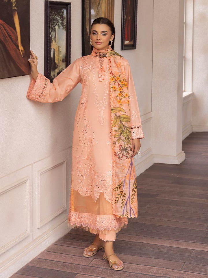 SAKURA 3 Pieces Unstitched Lawn Suit featuring an embroidered dyed luxury lawn shirt, dyed cambric cotton trousers, and a digital printed fancy lawn dupatta