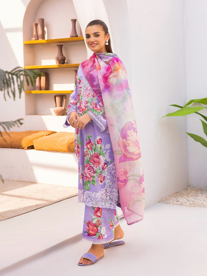 Discover the ZARIA Premium 3 Pieces Unstitched Lawn Suit, featuring digital printed lawn fabric with organza sequence embroidery. Perfect for festive occasions, this suit includes a shirt, trouser, and dupatta for a stylish and elegant look