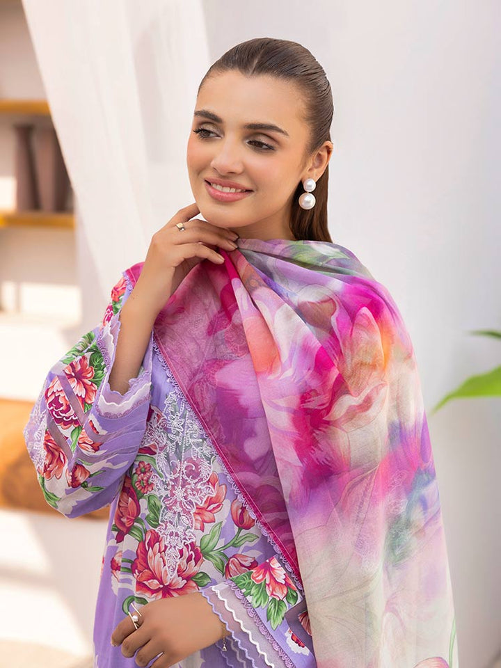 Discover the ZARIA Premium 3 Pieces Unstitched Lawn Suit, featuring digital printed lawn fabric with organza sequence embroidery. Perfect for festive occasions, this suit includes a shirt, trouser, and dupatta for a stylish and elegant look