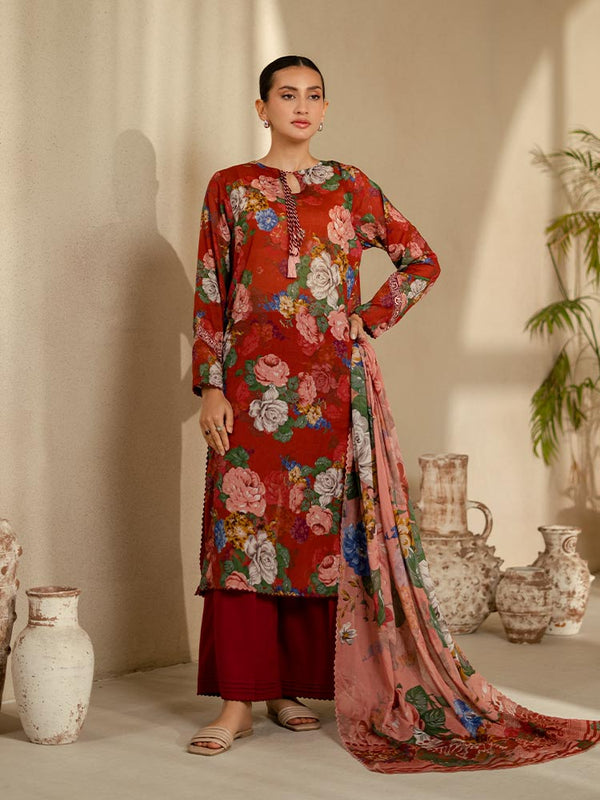LEHRAIN 3 Pieces Unstitched Digital Printed Lawn Suit featuring a vibrant digital printed lawn shirt with organza embroidered lace sleeves, dyed cambric cotton trousers, and a matching pure lawn dupatta.