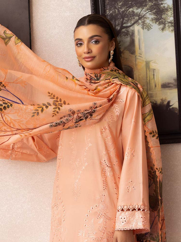 SAKURA 3 Pieces Unstitched Lawn Suit featuring an embroidered dyed luxury lawn shirt, dyed cambric cotton trousers, and a digital printed fancy lawn dupatta