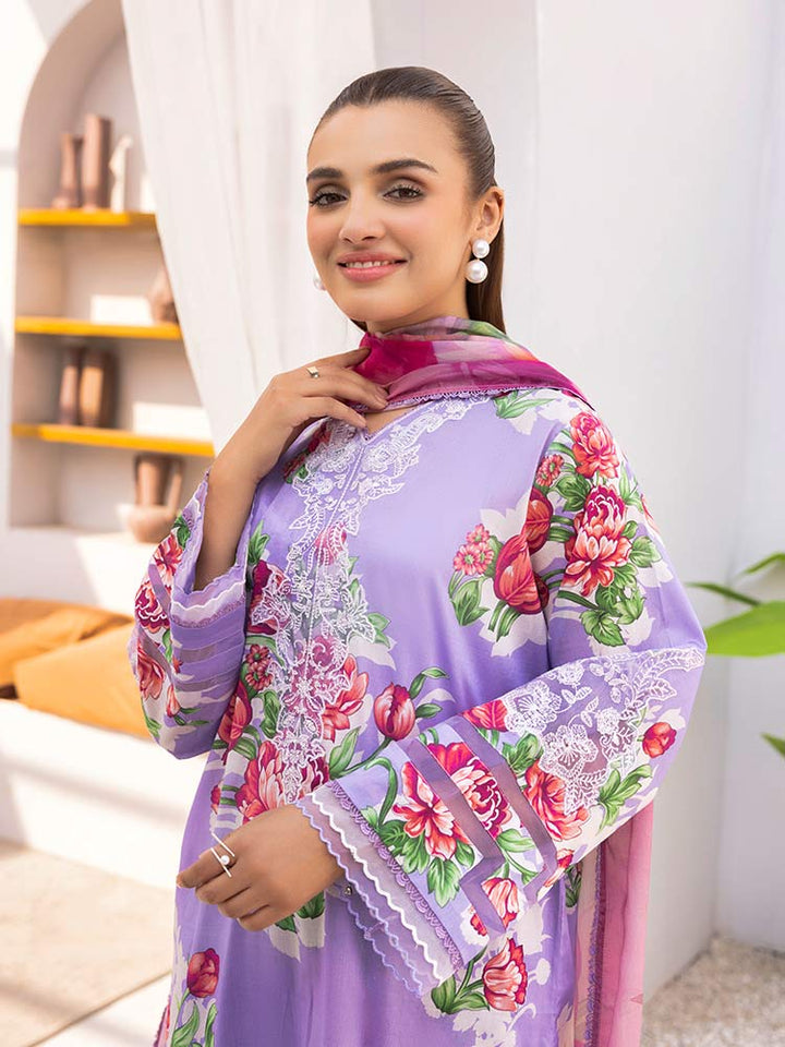 Discover the ZARIA Premium 3 Pieces Unstitched Lawn Suit, featuring digital printed lawn fabric with organza sequence embroidery. Perfect for festive occasions, this suit includes a shirt, trouser, and dupatta for a stylish and elegant look