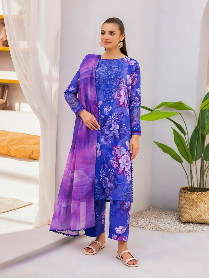 Discover the ZARIA Premium 3 Pieces Unstitched Lawn Suit, featuring digital printed lawn fabric with organza sequence embroidery. Perfect for festive occasions, this suit includes a shirt, trouser, and dupatta for a stylish and elegant look