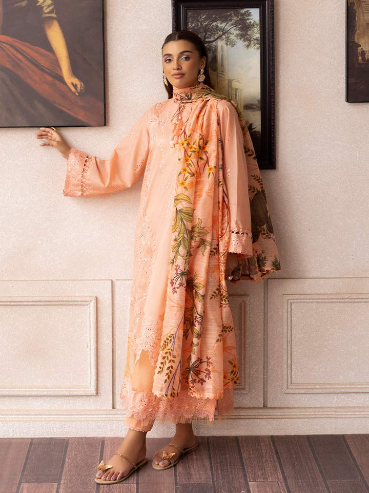 SAKURA 3 Pieces Unstitched Lawn Suit featuring an embroidered dyed luxury lawn shirt, dyed cambric cotton trousers, and a digital printed fancy lawn dupatta