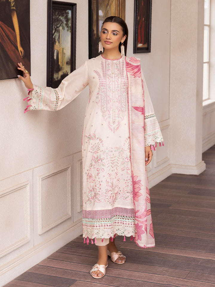 SAKURA 3 Pieces Unstitched Lawn Suit featuring an embroidered dyed luxury lawn shirt, dyed cambric cotton trousers, and a digital printed fancy lawn dupatta