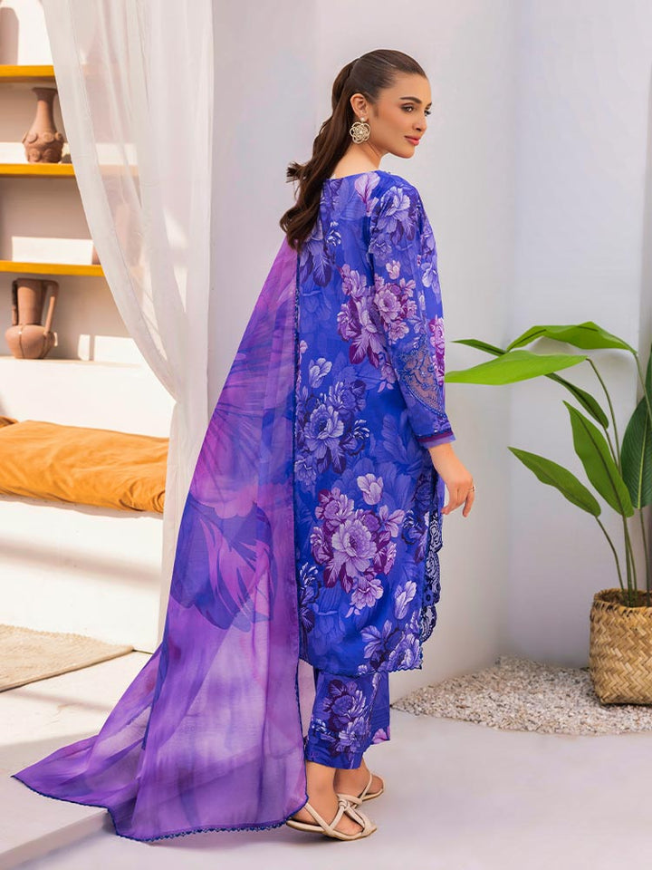 Discover the ZARIA Premium 3 Pieces Unstitched Lawn Suit, featuring digital printed lawn fabric with organza sequence embroidery. Perfect for festive occasions, this suit includes a shirt, trouser, and dupatta for a stylish and elegant look