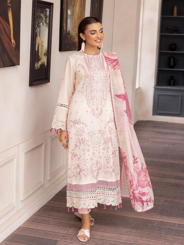 SAKURA 3 Pieces Unstitched Lawn Suit featuring an embroidered dyed luxury lawn shirt, dyed cambric cotton trousers, and a digital printed fancy lawn dupatta