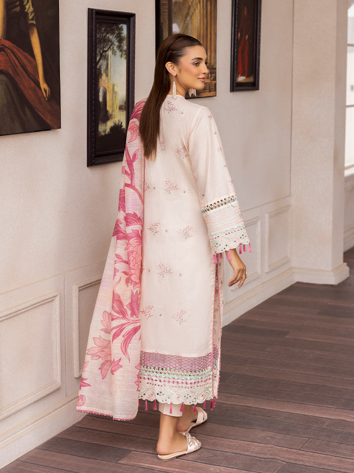 SAKURA 3 Pieces Unstitched Lawn Suit featuring an embroidered dyed luxury lawn shirt, dyed cambric cotton trousers, and a digital printed fancy lawn dupatta