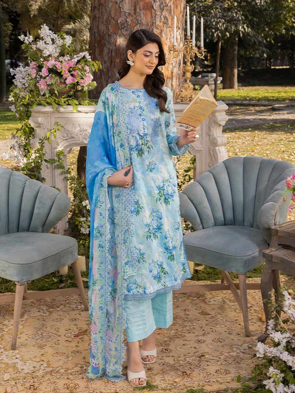 NAMAL 3 Pieces Unstitched Digital Printed Lawn Suit featuring a digital printed lawn shirt with organza embroidery, dyed cambric cotton trousers, and a bamber chiffon dupatta with embroidered cut-work details.