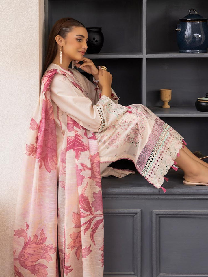 SAKURA 3 Pieces Unstitched Lawn Suit featuring an embroidered dyed luxury lawn shirt, dyed cambric cotton trousers, and a digital printed fancy lawn dupatta