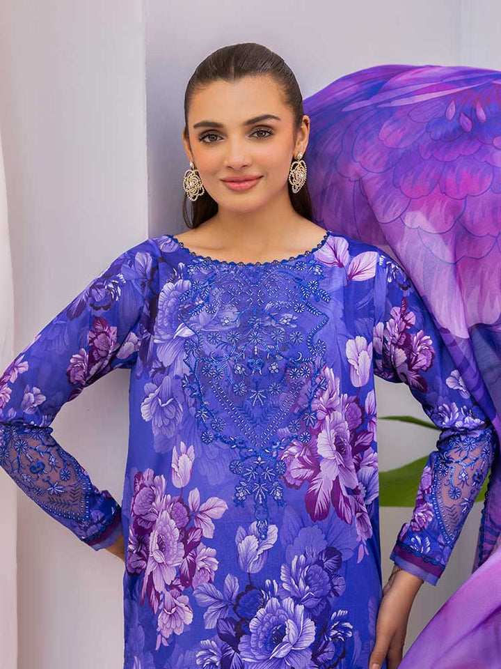 Discover the ZARIA Premium 3 Pieces Unstitched Lawn Suit, featuring digital printed lawn fabric with organza sequence embroidery. Perfect for festive occasions, this suit includes a shirt, trouser, and dupatta for a stylish and elegant look