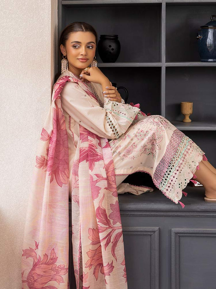 SAKURA 3 Pieces Unstitched Lawn Suit featuring an embroidered dyed luxury lawn shirt, dyed cambric cotton trousers, and a digital printed fancy lawn dupatta
