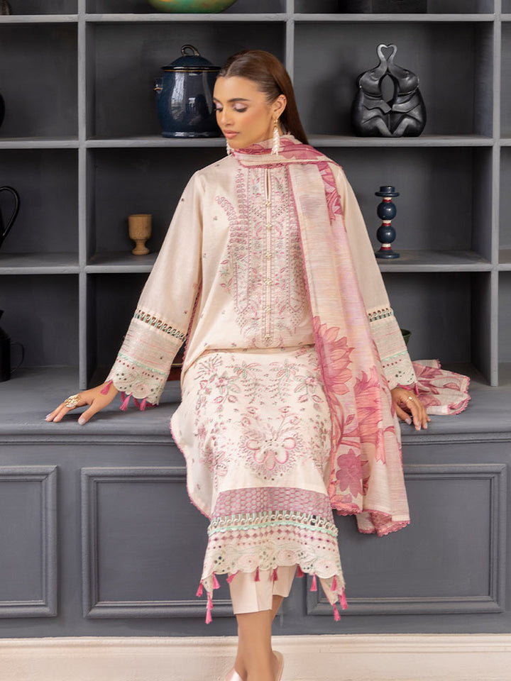SAKURA 3 Pieces Unstitched Lawn Suit featuring an embroidered dyed luxury lawn shirt, dyed cambric cotton trousers, and a digital printed fancy lawn dupatta