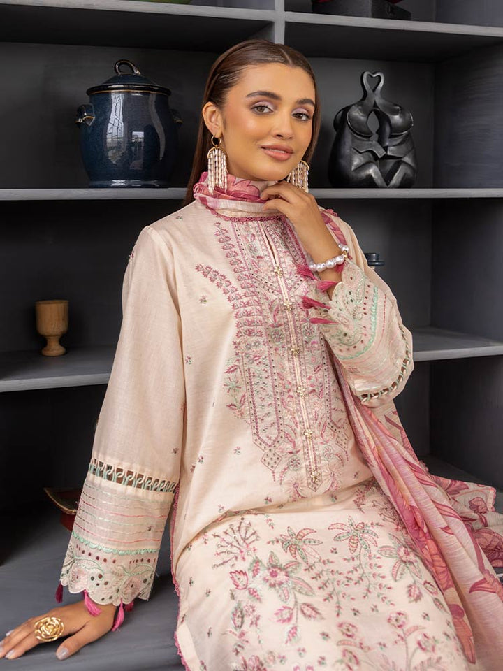 SAKURA 3 Pieces Unstitched Lawn Suit featuring an embroidered dyed luxury lawn shirt, dyed cambric cotton trousers, and a digital printed fancy lawn dupatta