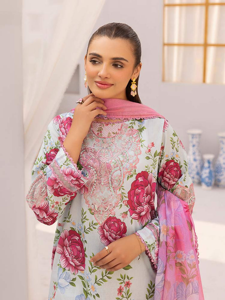 Discover the ZARIA Premium 3 Pieces Unstitched Lawn Suit, featuring digital printed lawn fabric with organza sequence embroidery. Perfect for festive occasions, this suit includes a shirt, trouser, and dupatta for a stylish and elegant look