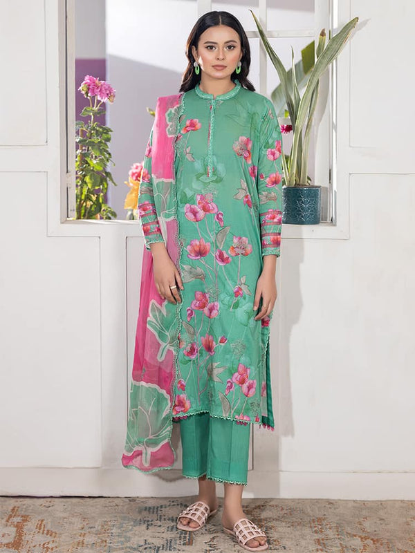 GULPASAND Premium 3-Piece Lawn Suit with digital printed embroidery, dyed cambric cotton trousers, and embroidered chiffon dupatta.