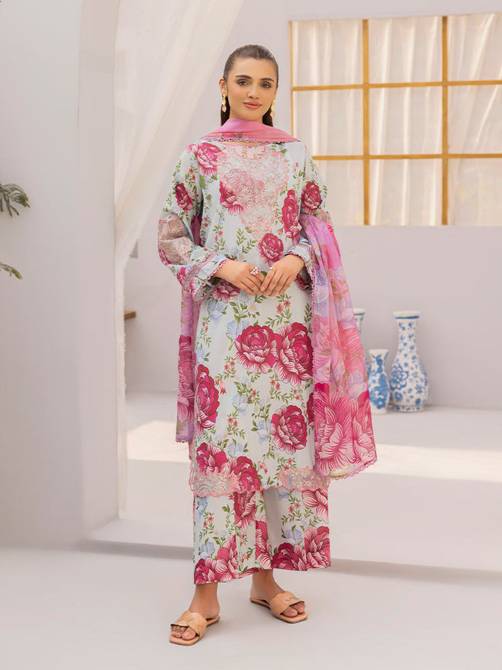 Discover the ZARIA Premium 3 Pieces Unstitched Lawn Suit, featuring digital printed lawn fabric with organza sequence embroidery. Perfect for festive occasions, this suit includes a shirt, trouser, and dupatta for a stylish and elegant look