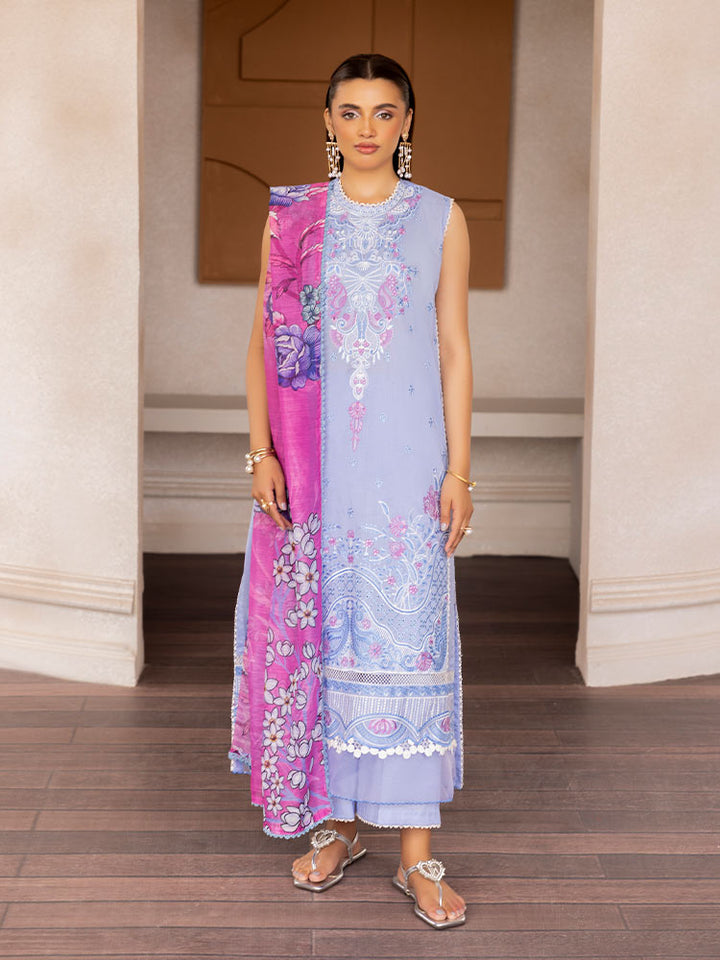 SAKURA 3 Pieces Unstitched Lawn Suit featuring an embroidered dyed luxury lawn shirt, dyed cambric cotton trousers, and a digital printed fancy lawn dupatta