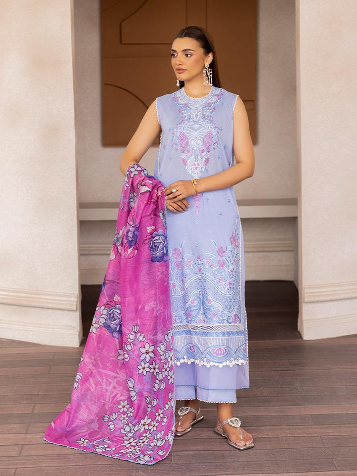 SAKURA 3 Pieces Unstitched Lawn Suit featuring an embroidered dyed luxury lawn shirt, dyed cambric cotton trousers, and a digital printed fancy lawn dupatta