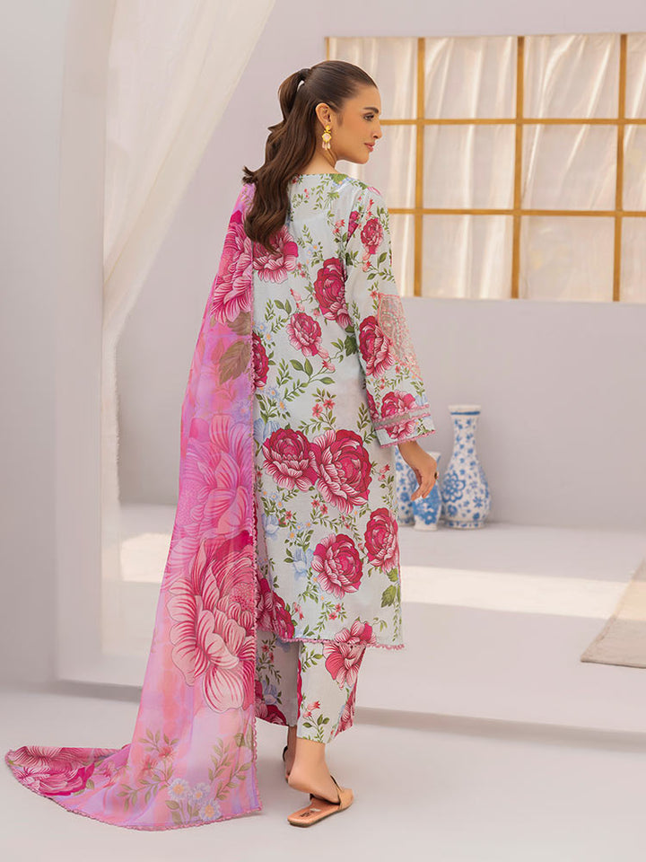 Discover the ZARIA Premium 3 Pieces Unstitched Lawn Suit, featuring digital printed lawn fabric with organza sequence embroidery. Perfect for festive occasions, this suit includes a shirt, trouser, and dupatta for a stylish and elegant look