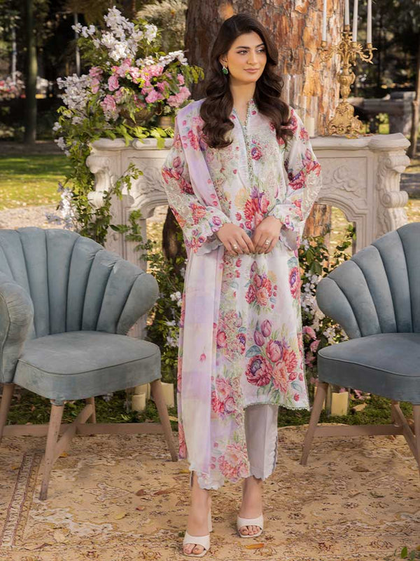 NAMAL 3 Pieces Unstitched Digital Printed Lawn Suit featuring a digital printed lawn shirt with organza embroidery, dyed cambric cotton trousers, and a bamber chiffon dupatta with embroidered cut-work details.