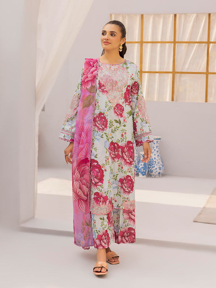 Discover the ZARIA Premium 3 Pieces Unstitched Lawn Suit, featuring digital printed lawn fabric with organza sequence embroidery. Perfect for festive occasions, this suit includes a shirt, trouser, and dupatta for a stylish and elegant look