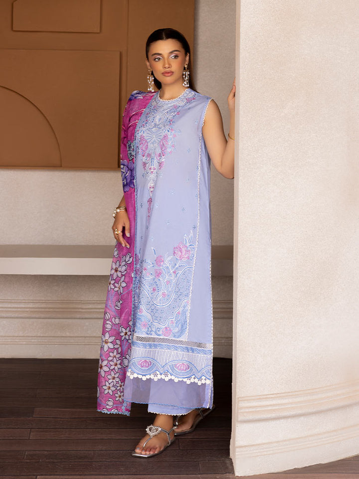 SAKURA 3 Pieces Unstitched Lawn Suit featuring an embroidered dyed luxury lawn shirt, dyed cambric cotton trousers, and a digital printed fancy lawn dupatta