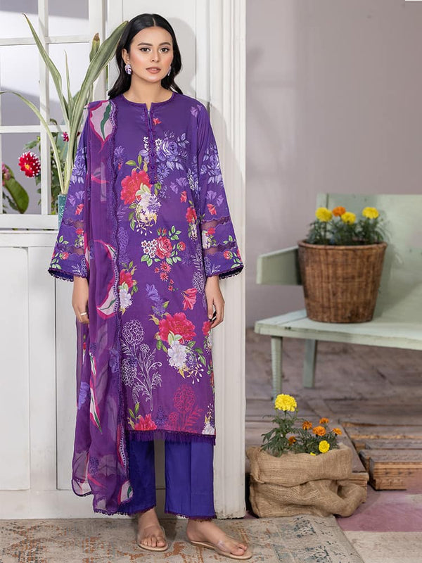 GUL PASAND Premium 3-Piece Lawn Suit with digital printed embroidery, dyed cambric cotton trousers, and embroidered chiffon dupatta.