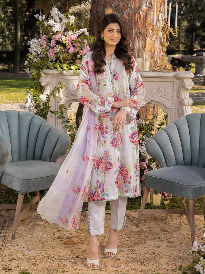 NAMAL 3 Pieces Unstitched Digital Printed Lawn Suit featuring a digital printed lawn shirt with organza embroidery, dyed cambric cotton trousers, and a bamber chiffon dupatta with embroidered cut-work details.