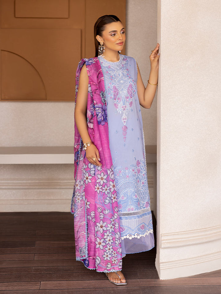 SAKURA 3 Pieces Unstitched Lawn Suit featuring an embroidered dyed luxury lawn shirt, dyed cambric cotton trousers, and a digital printed fancy lawn dupatta