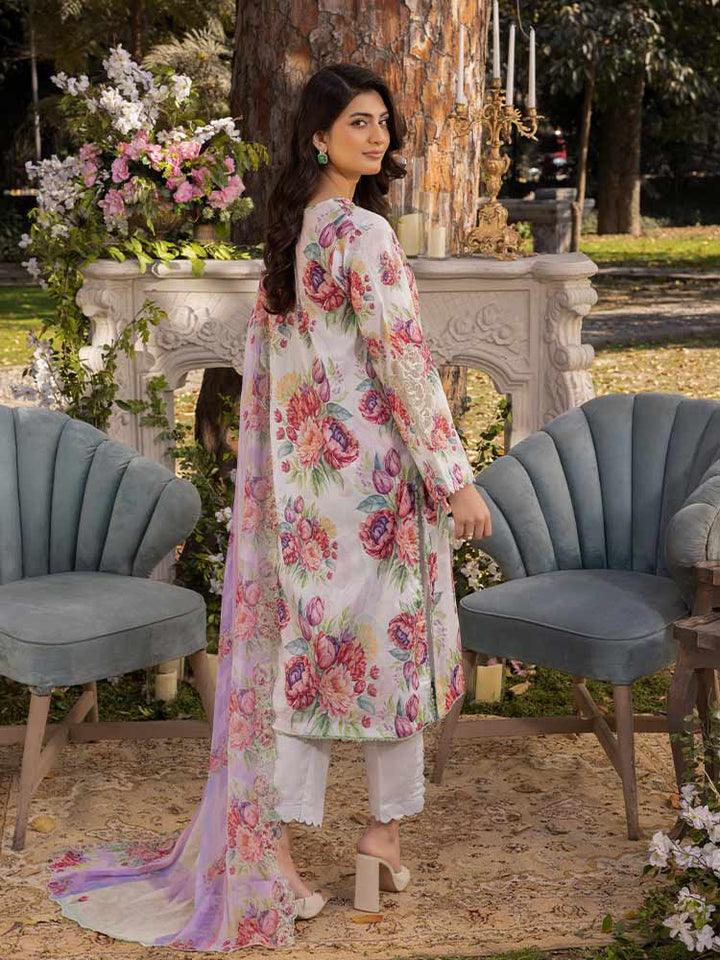 NAMAL 3 Pieces Unstitched Digital Printed Lawn Suit featuring a digital printed lawn shirt with organza embroidery, dyed cambric cotton trousers, and a bamber chiffon dupatta with embroidered cut-work details.