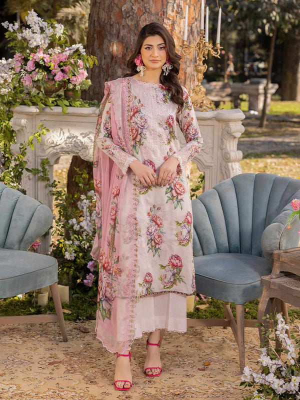 NAMAL 3 Pieces Unstitched Digital Printed Lawn Suit featuring a digital printed lawn shirt with organza embroidery, dyed cambric cotton trousers, and a bamber chiffon dupatta with embroidered cut-work details.