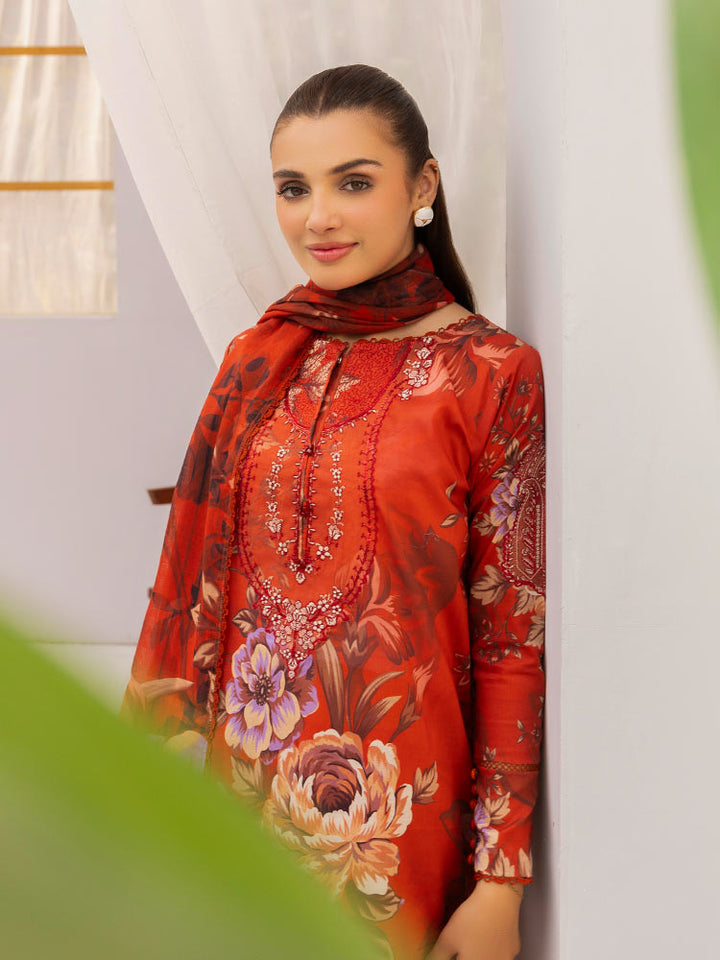 Discover the ZARIA Premium 3 Pieces Unstitched Lawn Suit, featuring digital printed lawn fabric with organza sequence embroidery. Perfect for festive occasions, this suit includes a shirt, trouser, and dupatta for a stylish and elegant look