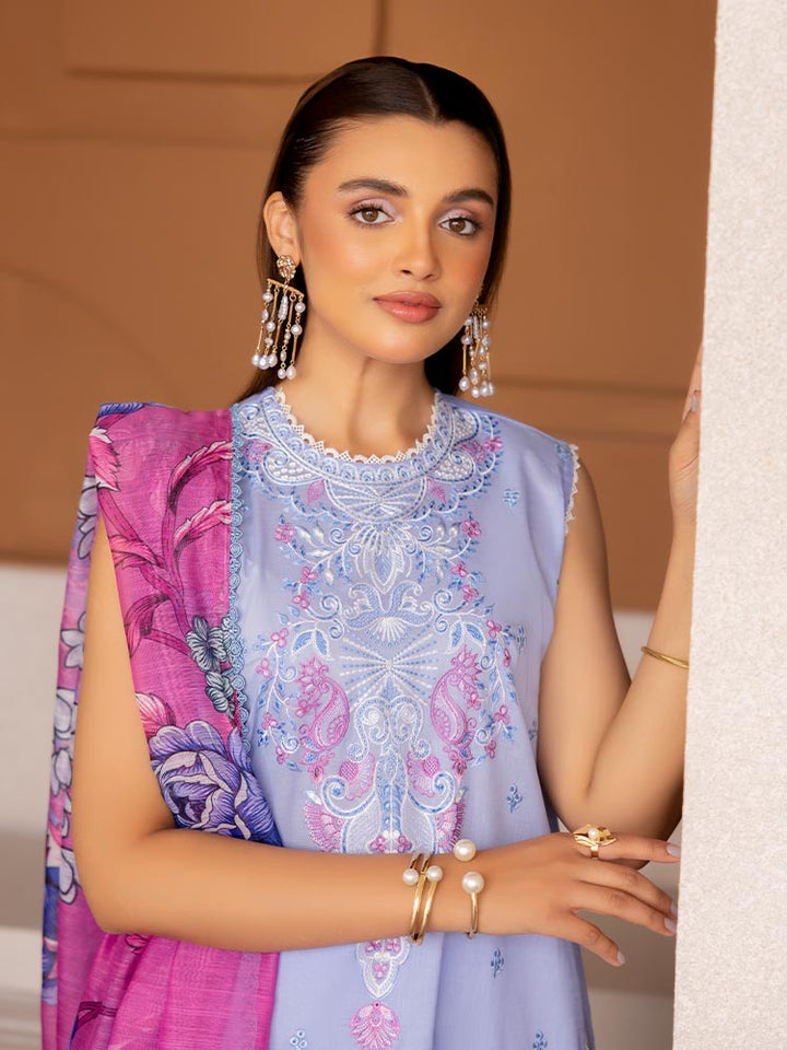 SAKURA 3 Pieces Unstitched Lawn Suit featuring an embroidered dyed luxury lawn shirt, dyed cambric cotton trousers, and a digital printed fancy lawn dupatta